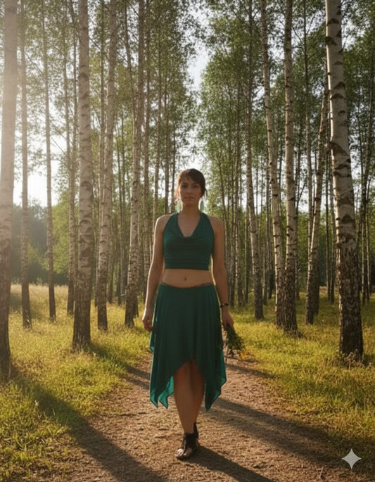Conjunto falda larga y crop top verde