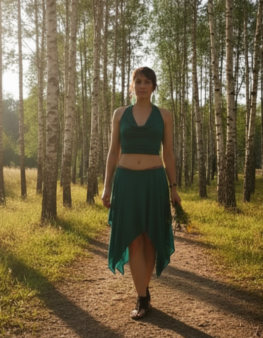 Conjunto falda larga y crop top verde