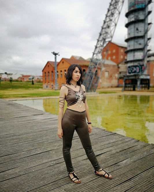 Leggings tono tierra, leggings con calentadores, leggings punto marron