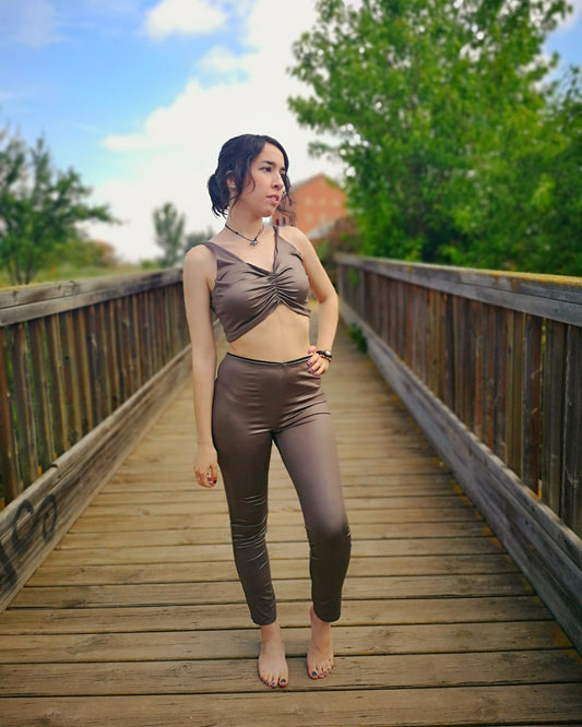 Leggings tono tierra, leggings con calentadores, leggings punto marron