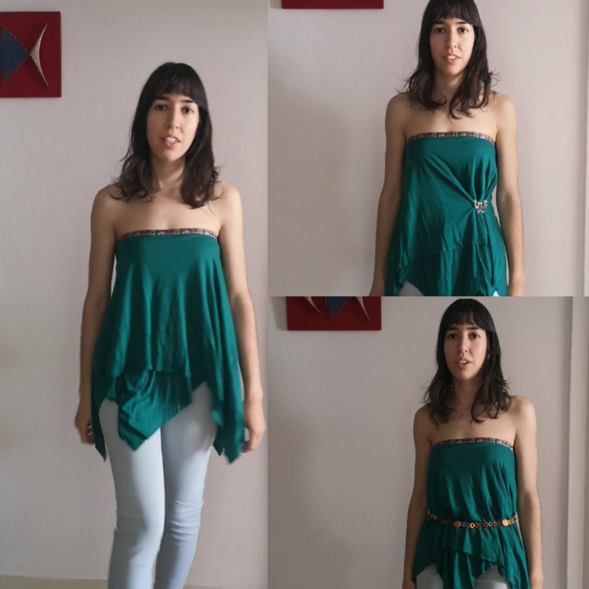 Bohemian crop top and short skirt set, multi-position crop top and midi skirt, emerald green top and cape skirt, crop top with cascading neckline and asymmetric skirt