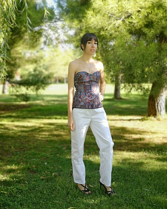 Corset estampado con escote corazón, corset sin tirantes, top palabra de honor estampado, top escote corazón