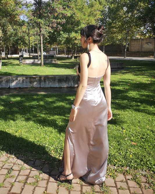 Vestido largo de satén gris, vestido largo con abertura a un lado, vestido largo de fiesta, vestido largo de tirantes