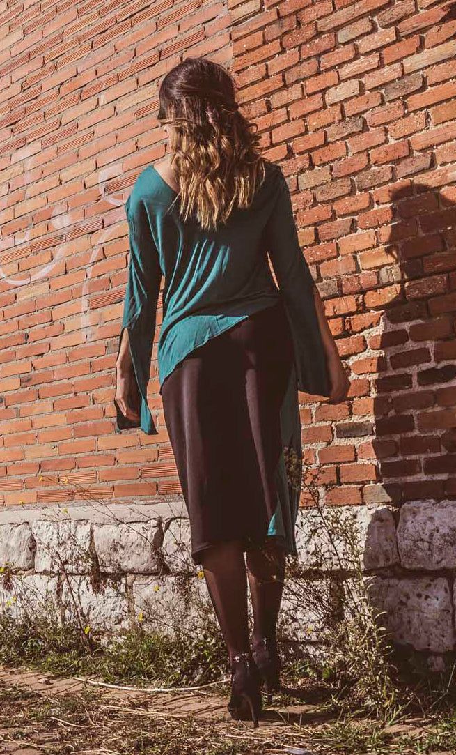 Conjunto top y falda verde y negro de punto