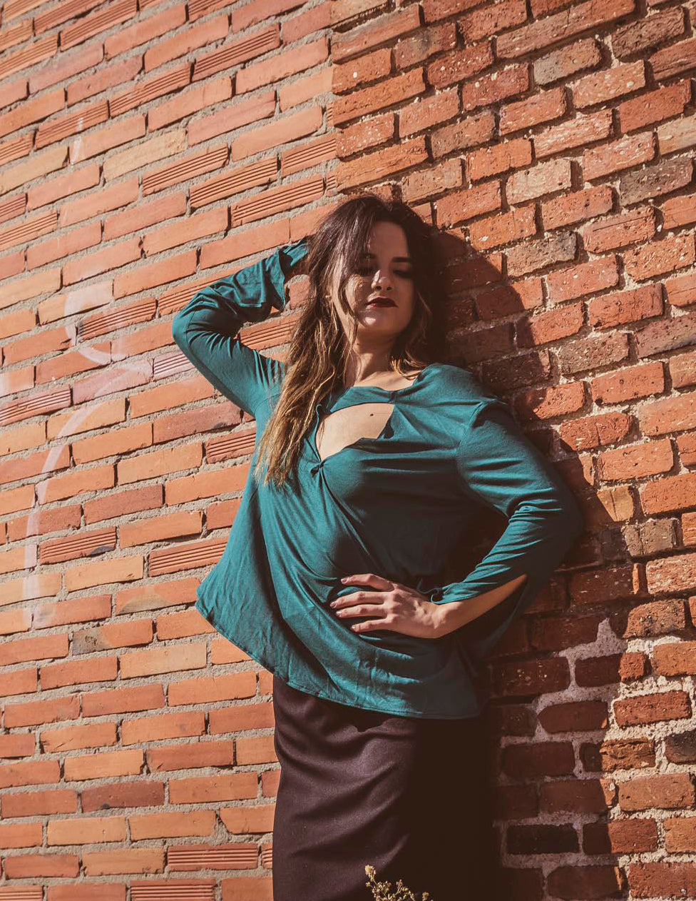 Conjunto top y falda verde y negro de punto