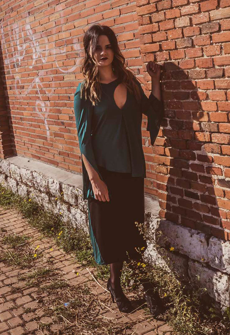 Conjunto top y falda verde y negro de punto