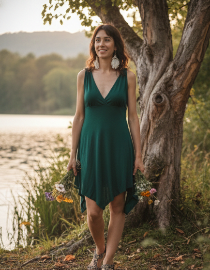 Turquoise green knit dress with V-neckline
