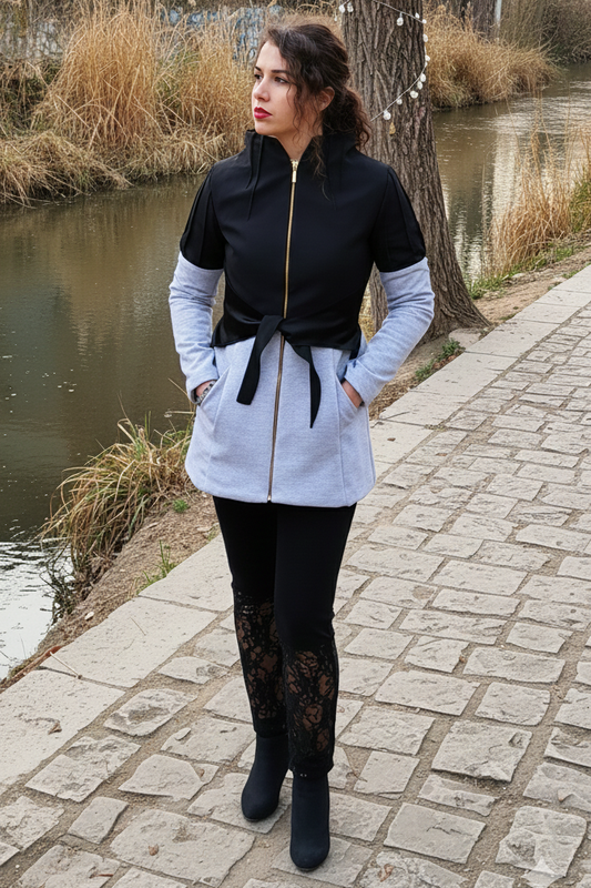 Abrigo bicolor con escote chimenea, Abrigo negro, abrigo azul corto