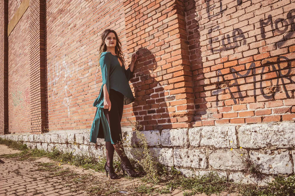 Conjunto top y falda verde y negro de punto