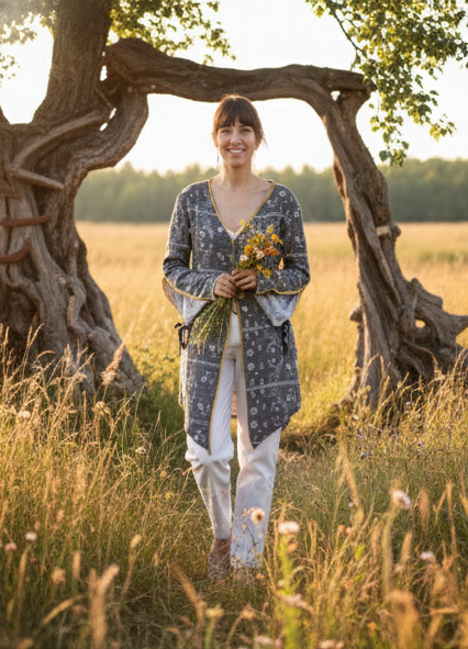 Black printed jacket with bell sleeves