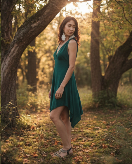 Turquoise green knit dress with V-neckline