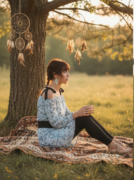 Vestido estampado azul con manga campana