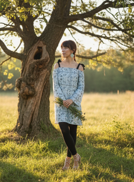 Vestido estampado azul con manga campana