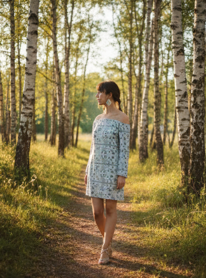 Vestido estampado azul con manga campana