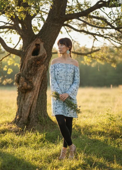 Vestido estampado azul con manga campana