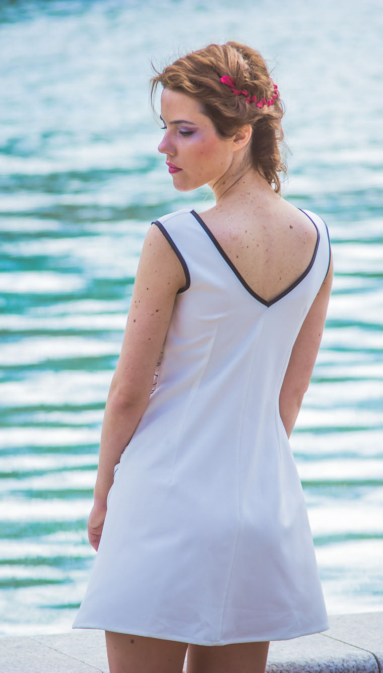 Hand-painted sleeveless dress, V-back dress, Bohemian dress with waterfall neckline, Draped neckline dress, White sleeveless dress, Hand-painted side dress