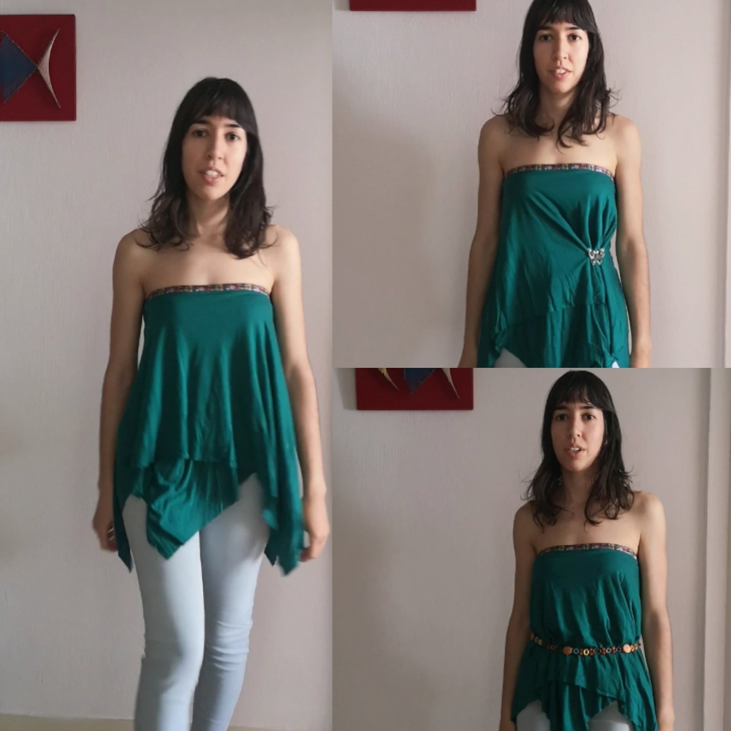 Conjunto crop top y falda corta bohemios, crop top multiposición y falda midi, top verde esmeralda y falda de capa, crop top con escote en cascada y falda asimetrica