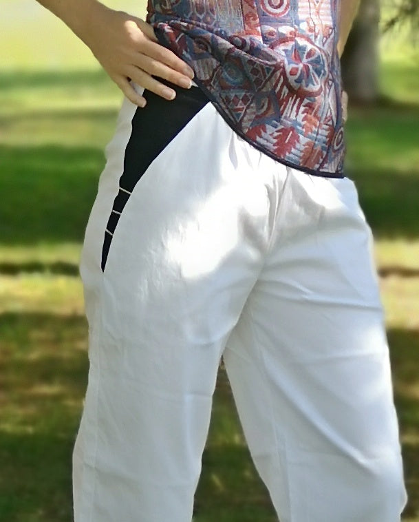 Pantalón blanco y negro, Pantalón largo blanco, Pantalón largo con detalles negros
